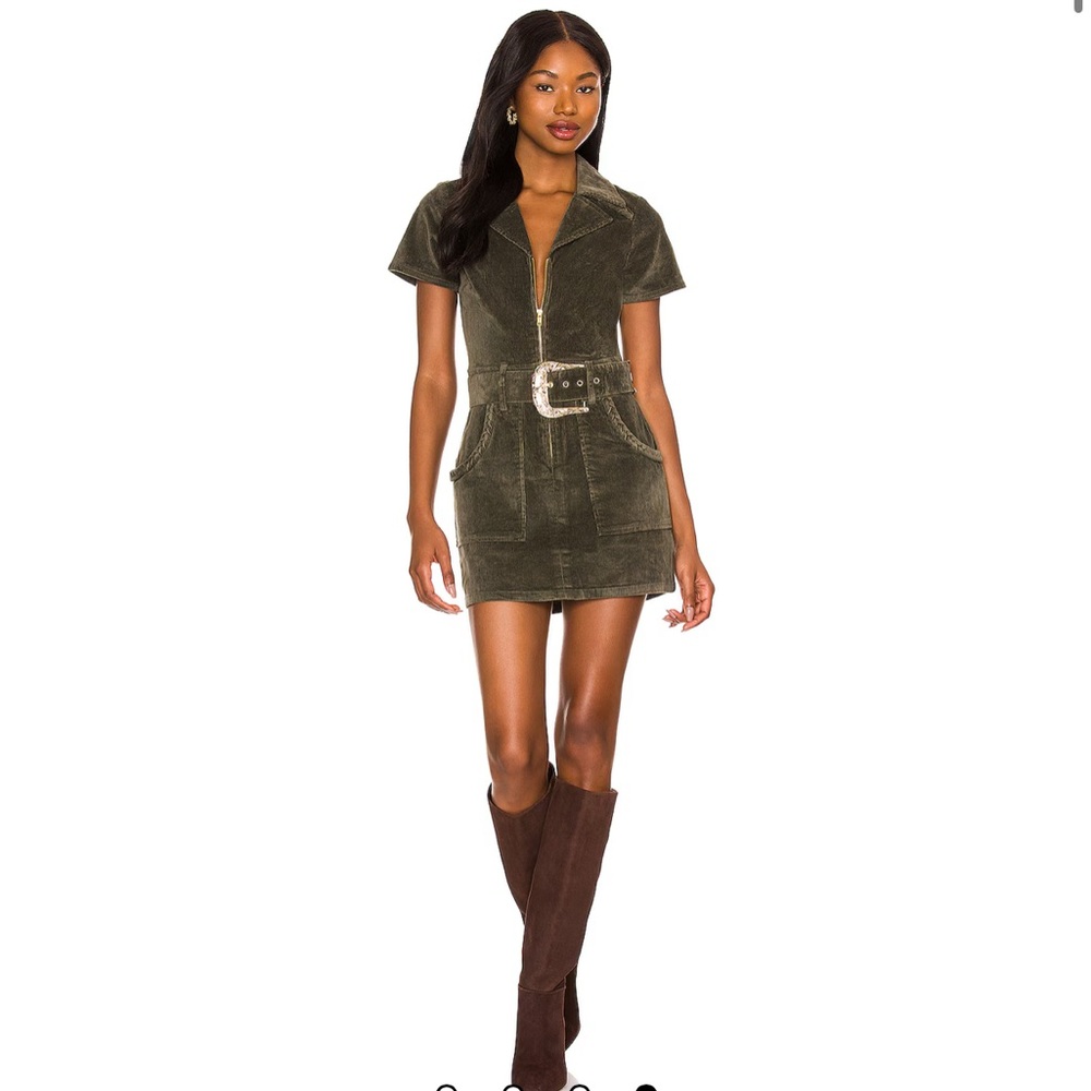 Show Me Your MuMu Olive Green Corduroy Zip Mini Dress with Belt